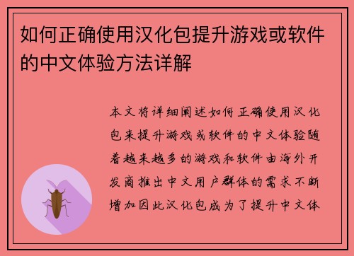 如何正确使用汉化包提升游戏或软件的中文体验方法详解
